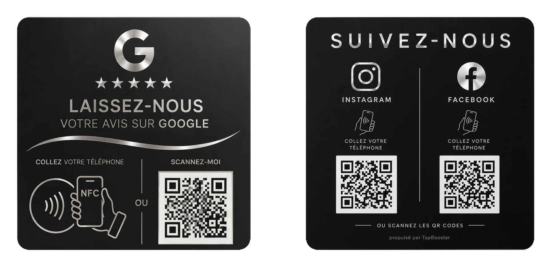 Plaque Avis Google TapBooster, noir mat effet métal, posée à plat